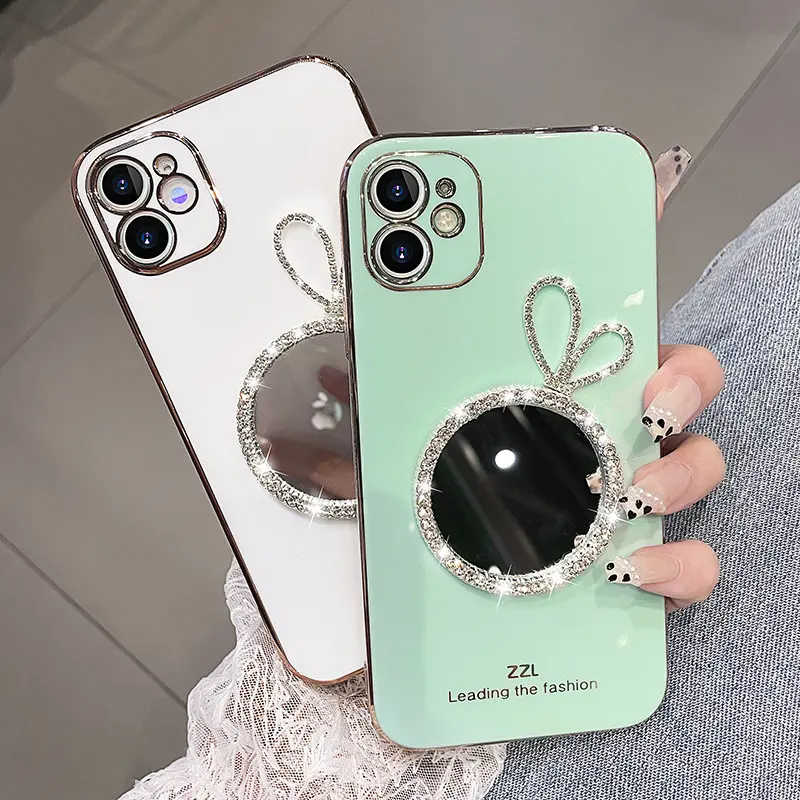 Cute Korean Diamond Decorative Rabbit Ear Makeup Mirror Phone Case for iPhone 13 12 11 Pro Max XR XS Max Phone Back Cover