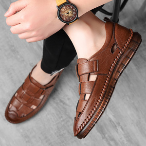Sandalias Planas con Punta Cerrada, Parte Superior de Cuero Genuino, Suela de Goma, Transpirables, con Cierre de Velcro, Zapatos Casuales de Verano para Hombre - Product Image 2