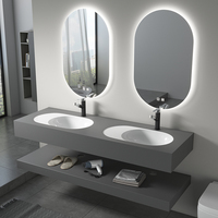 Meuble-lavabo mural moderne en marbre avec double vasque, double niveau et miroir intelligent rétroéclairé par LED – Offre spéciale