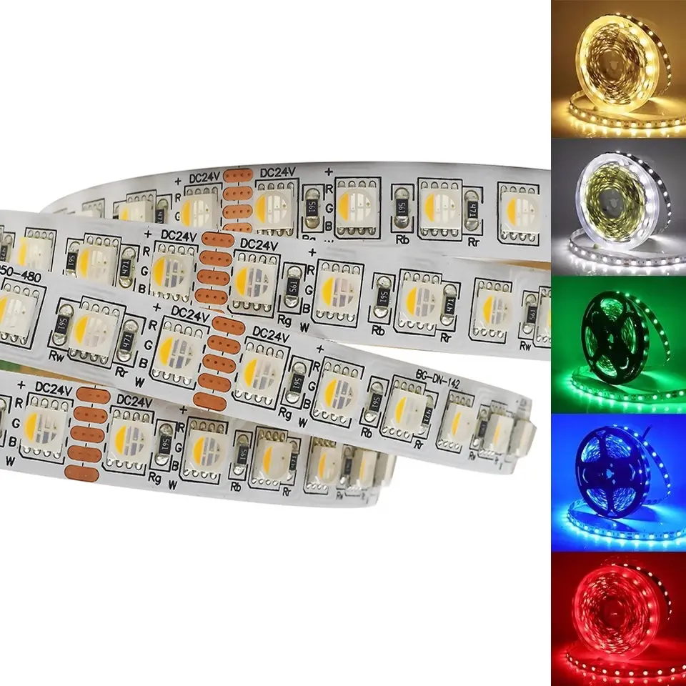 Tira de led de alto brilho rgbw, smd 5050, flexível, 5 metros por rolo, controle remoto