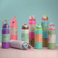 RVS vacuüm geïsoleerde ecovriendelijke waterfles met sportdop, rietje en handvat, fruitmotief (binnenkant 304, buitenkant 201)