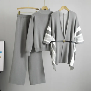 <span class=keywords><strong>Tuta</strong></span> stile moda maglia maglia Set 3 pezzi scialle a righe a mezza scollo alto a maniche lunghe abito in maglia a <span class=keywords><strong>gamba</strong></span> <span class=keywords><strong>larga</strong></span> - Product Image 3