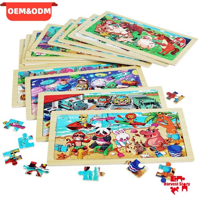 Wooden Cartoon Jigsaw Puzzle Set Toddler Board Games Puzzles Dinosaur Animal Traffic Educational Toys for Kids Boys Girls