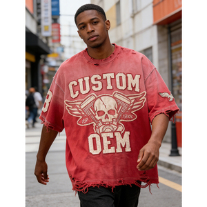 T-shirt pour homme en coton 100% avec broderie appliquée, effet usé, impression personnalisée OEM, coupe ample, épaules tombantes, style streetwear - Product Image 3