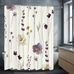 Rideau de douche carré en coton tissé imperméable imprimé de motifs floraux de dessins animés personnalisés, pour la maison, la salle de bain, lavable en machine - Product Image 1