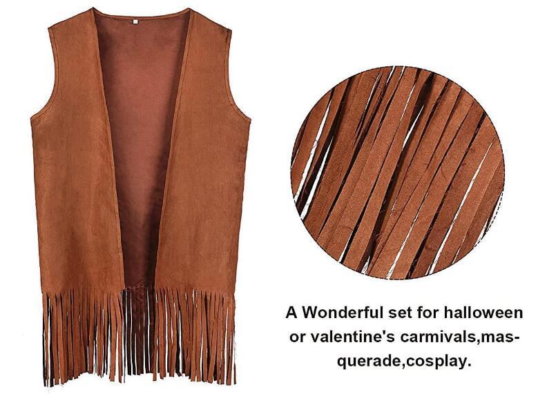 Déguisement Hippie Femme – Gilet à Franges + Accessoires (collier, Boucles D'oreilles, Bandeau, Lunettes, Sac) – Années 70