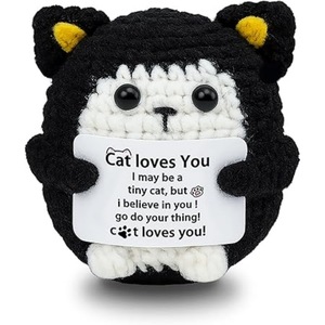 Poupée chaton au crochet, <span class=keywords><strong>chat</strong></span> <span class=keywords><strong>de</strong></span> dessin animé, tricoté en laine, pur fait main, chaton noir optimiste et positif, RY-DW-067 - Product Image 1
