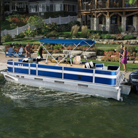 Bateau ponton de pêche professionnel avec pontons doubles stables, sièges de pêche, boîte de rangement pour cannes à pêche, sièges spacieux et auvent solaire