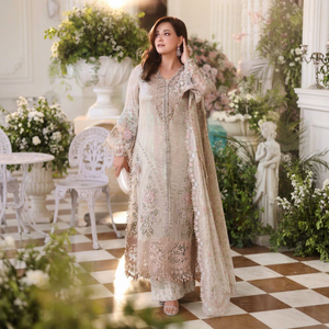 Robe Anarkali longue en soie brodée beige traditionnelle pour femme, style Inde Pakistan, robe de mariée, coupe ample, taille adulte - Product Image 1