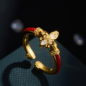Flower Design Red Rope <b>Open</b> <b>Ring</b> Gold Plated Copper Alloy Adjustable Unisex Jewelry Gift - Product Image 1