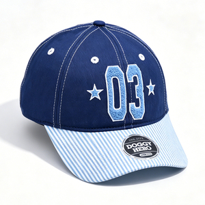Navy Blue Striped Letter Brim 6-Panel Canvas Baseball Cap with Chenille Embroidery Casual Sporty Adjustable for Unisex - Product Image 3