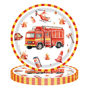 Watercolor <b>Fire</b> Truck Theme Paper Plates Disposable Birthday Party Tableware For Kids 2-4 Years - Product Image 2