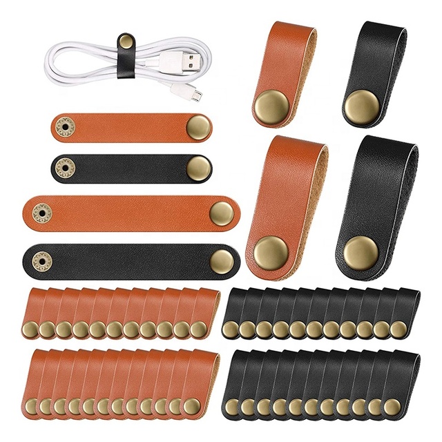 Cable Straps Self-locking Earbud Cord Organizer and USB Cord Holder Handmade Portable 52-piece PU Leather Storage Customized