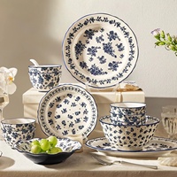 Service de table en céramique sous glaçure haut de gamme de style français Xuanhui, motif floral bleu vintage, motif végétal, compatible micro-ondes pour la maison