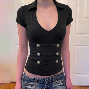 Camiseta de Manga Corta para Mujer, Cuello en V, Corte Ajustado, Botones Decorativos Vintage en la Parte Delantera, Tejido Elástico, Estilo Y2K, Informal, para Verano - Product Image 1