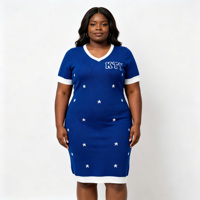 Robe pull midi moulante en tricot jacquard étoilé pour femme, grande taille, avec logo chenille personnalisé OEM, col en V, manches courtes et bordure contrastante