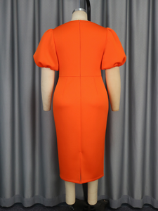 AM050114 estate manica corta a sbuffo grande fiocco aderente arancione Midi donna abito <span class=keywords><strong>da</strong></span> sera formale elegante - Product Image 5