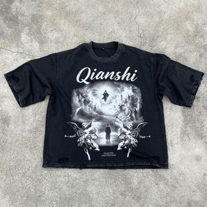 Camisetas Cortas con Estampado Personalizado QIANSHI, Camiseta Gráfica Holgada para Hombre, Camiseta de Algodón Grueso con Lavado Ácido - Product Image 1