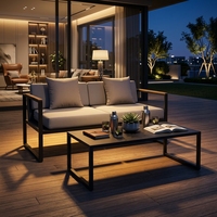 Table basse carrée moderne antirouille avec cadre en aluminium noir, personnalisable pour terrasse, accoudoirs en bois de teck, coussin épais, durable