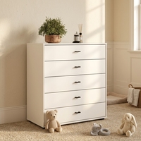 Commode blanche à 5 tiroirs, commode minimaliste, armoire en bois avec poignées noires pour chambre à coucher, rangement pour vêtements et accessoires