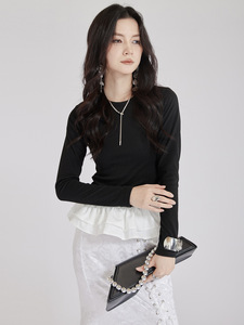 Camicie da donna in stile balletto a <span class=keywords><strong>maniche</strong></span> <span class=keywords><strong>lunghe</strong></span> con bottoni retrò in pizzo e camicette e top da donna in cotone nero - Product Image 3