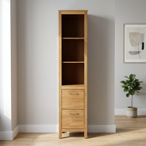 Solid Teak Wood <b>Tall</b> Bathroom Cabinet 2 <b>Drawer</b> 3 Open Shelf Linen Tower with Handles - Product Image 2