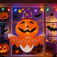 Décoration de jardin gonflable d'Halloween pour extérieur, fantôme de 3,5 pieds avec visage orange, autocollant de fenêtre, lumières LED intégrées