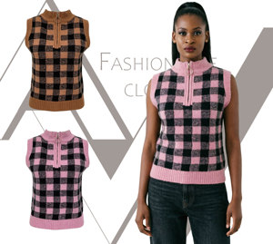 Gilet en tricot à carreaux OEM pour femme, col montant semi-zippé, <span class=keywords><strong>pull</strong></span> <span class=keywords><strong>sans</strong></span> manches à motif écossais, style Y2K streetwear, gilet <span class=keywords><strong>pull</strong></span> rétro tendance - Product Image 4