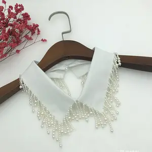 Women Pearl Tassel Handmade Fabric False Collar Necklace