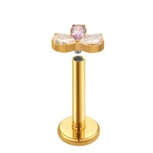 G23 18K Gold Plated labret Luxury internally threaded labret Earring stud pink stone Body Piercing Fine Titanium Jewelry for wo