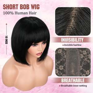 4x1 HD Lace 210% Density Top Crown Lace Glueless <b>Wig</b> Natural Part Line Smooth <b>Bob</b> with Bang 4*1 Crown Lace <b>Wig</b> 99J Natural Black - Product Image 5
