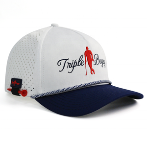 قبعة رياضية مخصصة HS51 من 5 قطع مصنوعة من البوليستر مقاومة للماء بتصميم ليزر مثقب مع حامل للكرة - Product Image 1