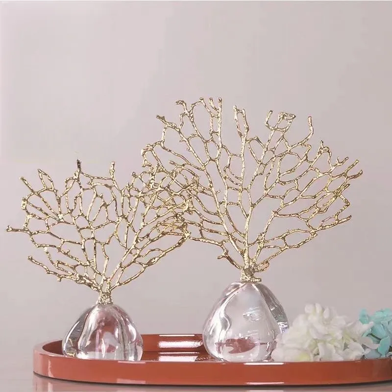 Luxury New Design Modern Art coral Crystal Retro Gold Home Decor Decorative Crafts Metal Ornaments Table Top Accessories