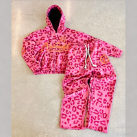 Conjunto de Sudadera con Capucha y Pantalón de Chándal Unisex de Felpa Térmica Bordada Oversize, Estilo Urbano de Otoño, Algodón Pesado, Corte Holgado, Estampado de Leopardo