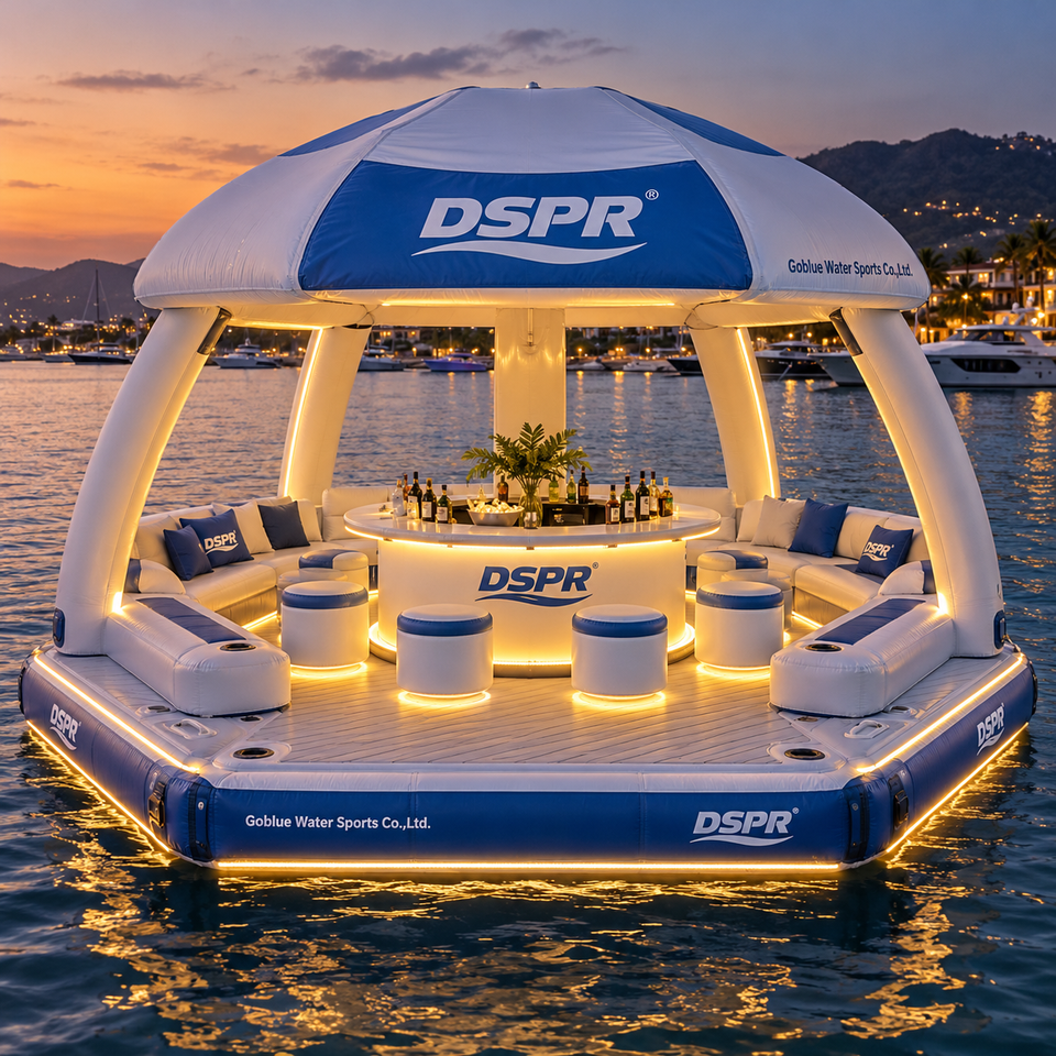 Floating Bar Raft PVC Inflatable Floating Bar with Circular Counter and Lounge Deck for ...