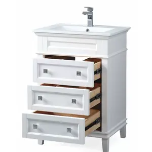 Meja rias kamar mandi berdiri lantai Unit kecil putih gaya klasik Modern dengan satu buah baskom keramik kabinet 24 inci untuk kamar mandi - Product Image 3