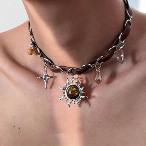 Kalung Choker Rantai Bambu Paduan Coklat Liontin Matahari <span class=keywords><strong>Retro</strong></span> Hiphop Rock Berlapis Elektroplating Perhiasan Unisex - Product Image 4