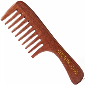 Private Label Natural Bamboo Wooden Wide Tooth Long Handle Comb for Curly Hair