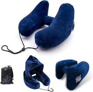 Almohada inflable para el cuello con soporte multidireccional perfecto, almohada de viaje con capucha. - Product Image 1