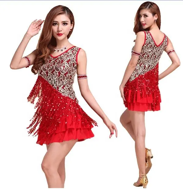 Bestdance Latin Dance Dress Salsa Tango Cha cha Ballroom Dance Sequin Fringe Dress Performance Wear