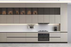 Ensemble de cuisine moderne SANTOPOVA beige avec vitrines et électroménagers noirs intégrés - Product Image 4