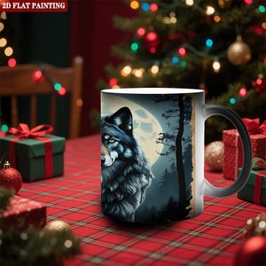Tasse en céramique 11oz noire givrée, mug à changement de couleur activé par la chaleur, motif loup, peinture 2D plate - Product Image 2