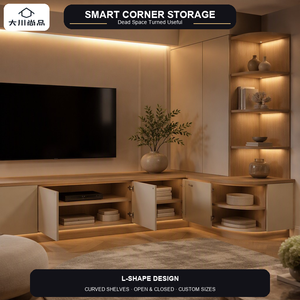 Mueble de <span class=keywords><strong>TV</strong></span> en Forma de L Moderno y Ecológico, Hecho a Medida, con Estantes Curvos y Almacenamiento Abierto/Cerrado <span class=keywords><strong>para</strong></span> Apartamentos, Hoteles y Salas de Estar - Product Image 2