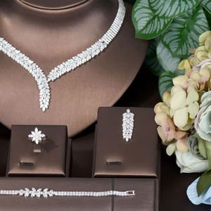 HIBRIDE, conjunto de joyería de Boda nupcial <span class=keywords><strong>Popular</strong></span> de 4 piezas, accesorios de boda para mujer, conjunto de joyería de diseño de hoja, collar, pendiente, - Product Image 3