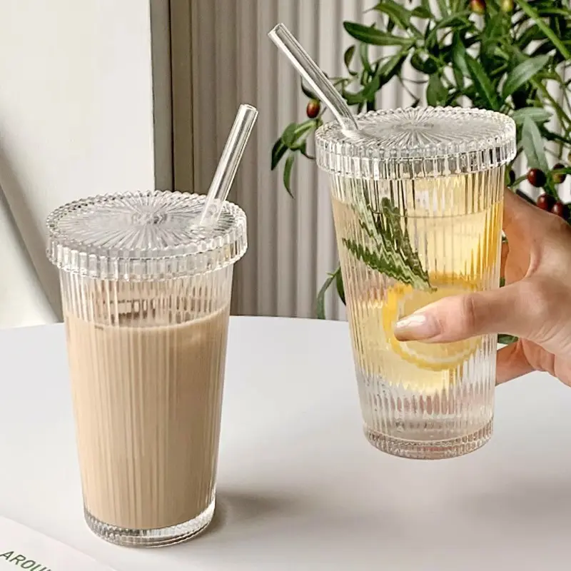 Tivray Best Gift Custom Ribbed Simple Vertical Stripe Glass Ice Coffee Tea Milk Mug Tumblers Cups With Lids And Straws