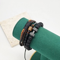 Ensemble de bracelets de fitness pour hommes avec breloque haltère, perles d'onyx noir, en cuir tressé, réglables et superposables, pour la gym et le quotidien