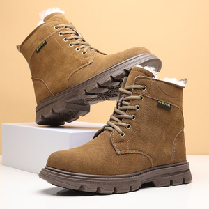 Men Snow Boots Winter Warm <b>Wool</b> Lined Mid Heel Front Laces Rubber Sole Work Boots Solid Color - Product Image 2