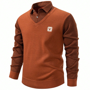 Maglione foderato in pile con risvolto a righe a maniche lunghe con scollo a V in maglia spessa maglia Pullover Casual da uomo maglione <span class=keywords><strong>Polo</strong></span> Top - Product Image 5