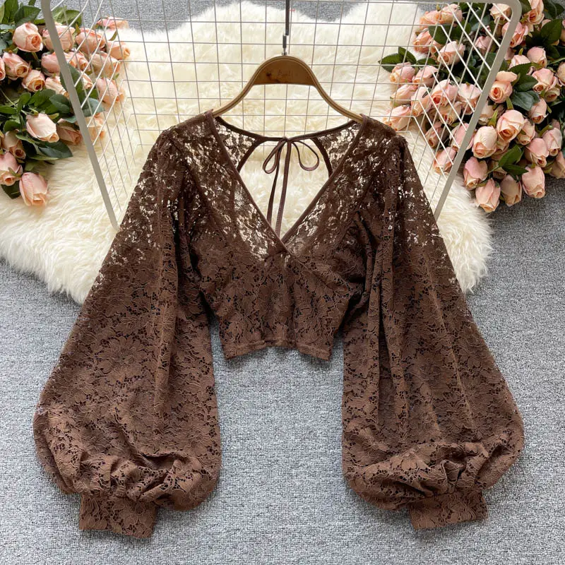 Autumn Black/White/Brown Sexy Lace Blouse Women Elegant V-Neck Puff Long Sleeve Open Back Short Tops Female Party Blusas 2021