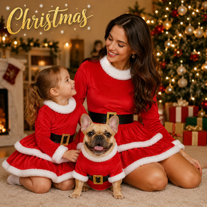 Red Velvet Christmas Dog Dress for Small Dogs with White Faux Fur Trim and Gold Buckle Mrs Claus Party Outfit - Product Image 2